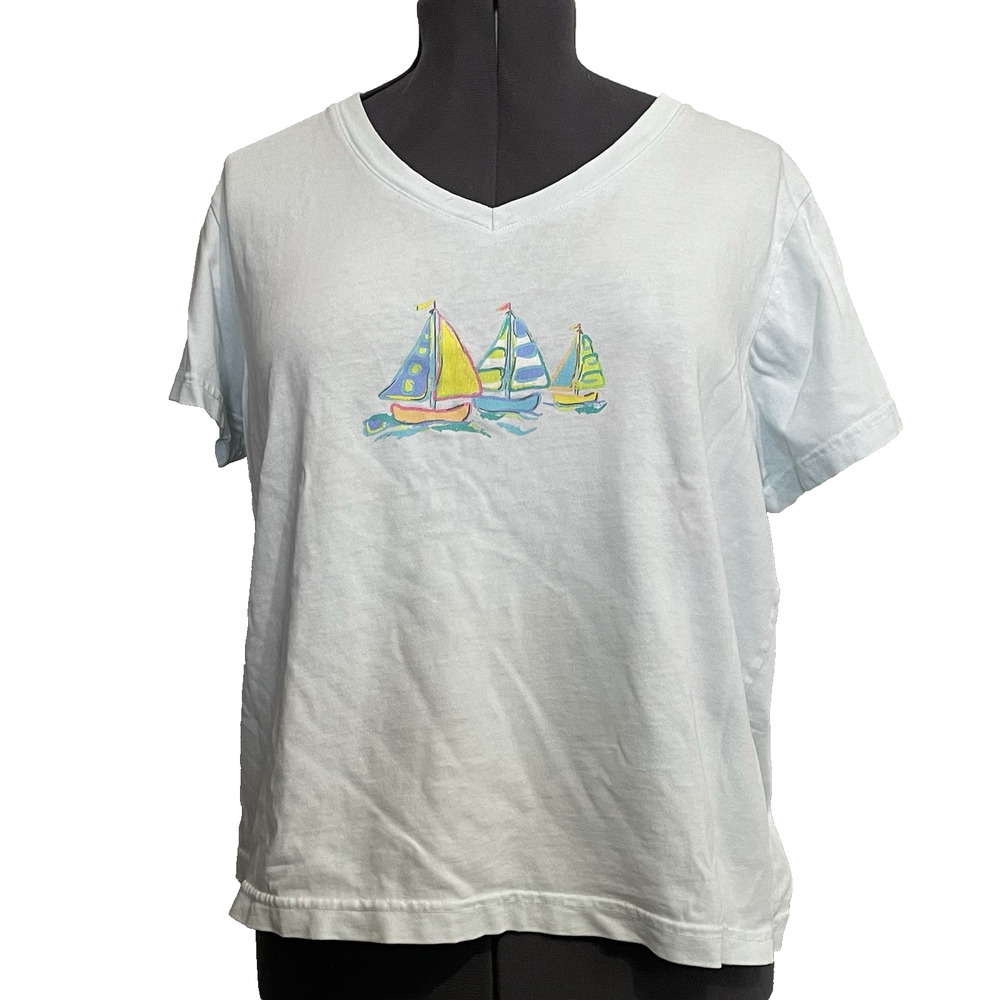 VTG Fresh Produce V-Neck T-Shirt Large Blue Sailboats Cotton Short Sleeve Beach